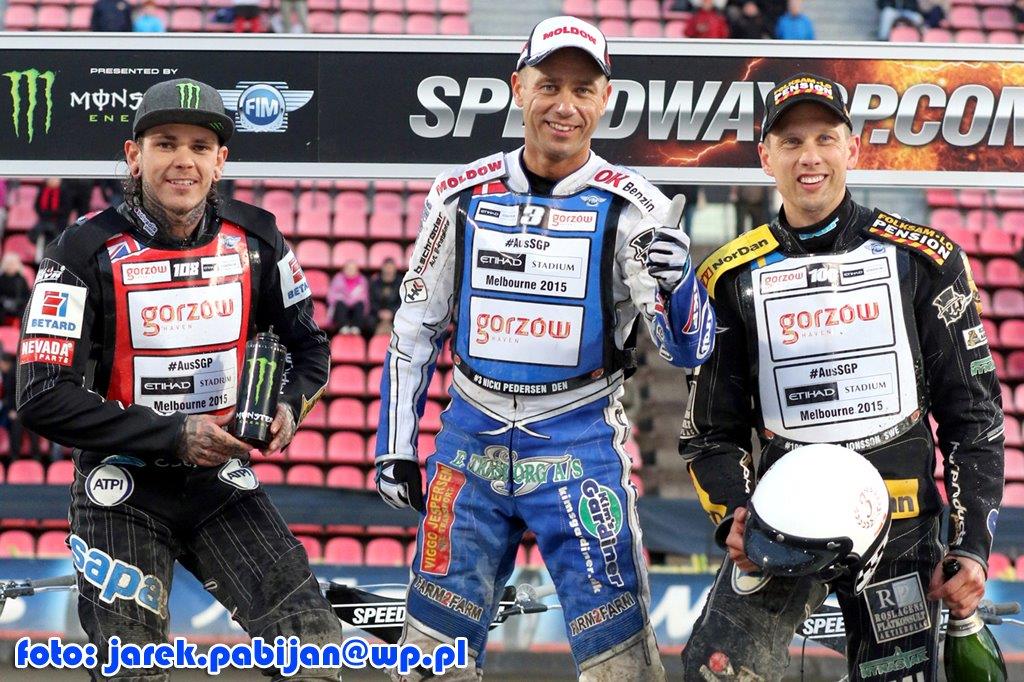 Tai Woffinden, Nicki Pedersen a Andreas Jonsson na pódiu