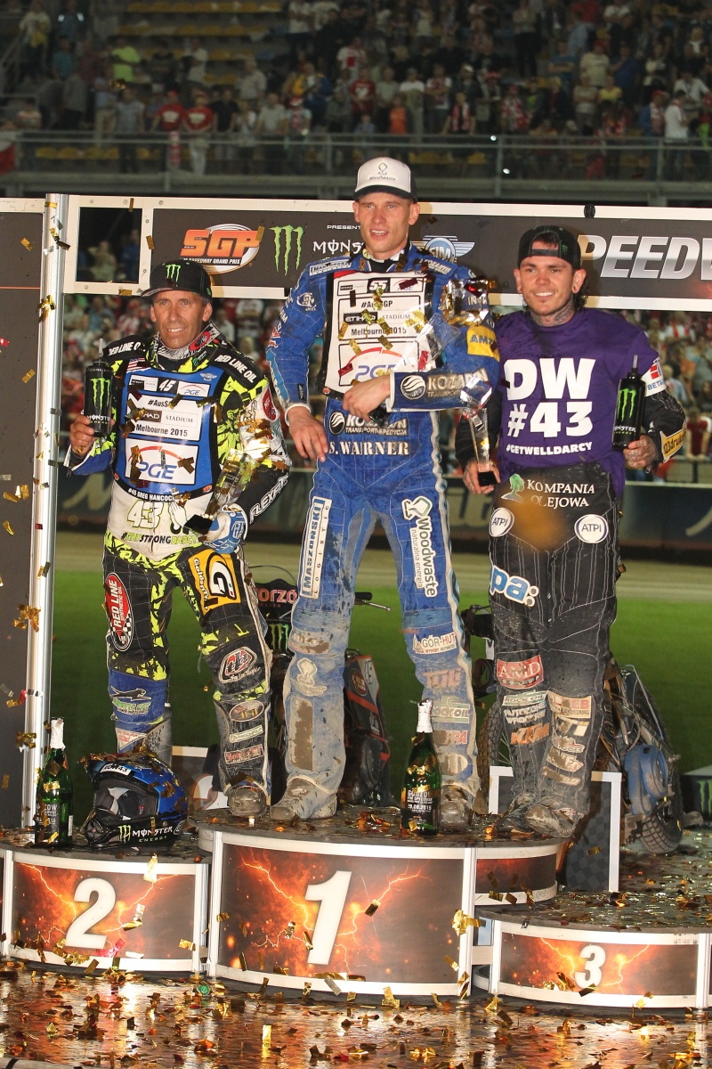 Greg Hancock, Matej Žagar a Tai Woffinden na stupních vítězů