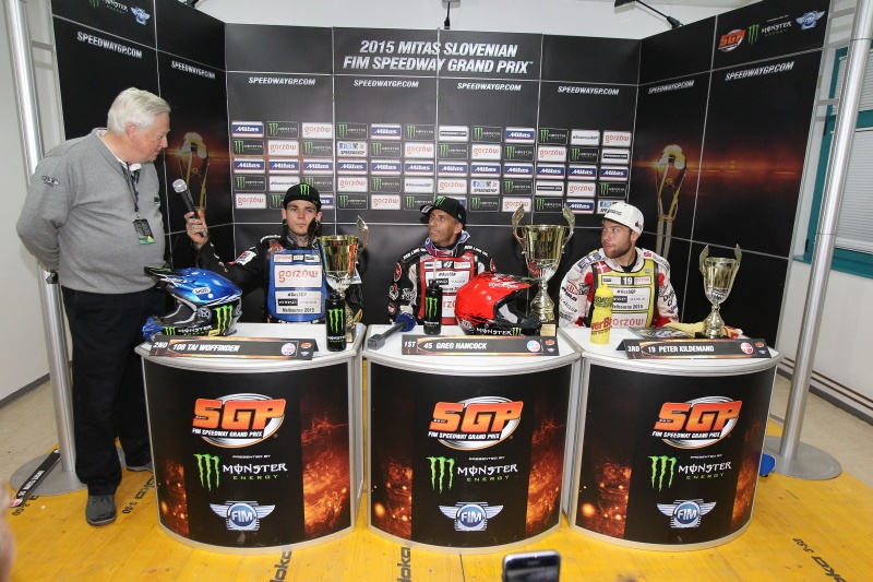 Tai Woffinden, Greg Hancock a Peter Kildemand na tiskové konferenci
